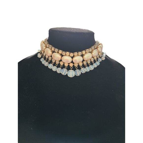 Alice Caviness Pink Pearl Choker Faceted Moonstone Dangle Statement Necklace - Picture 1 of 8